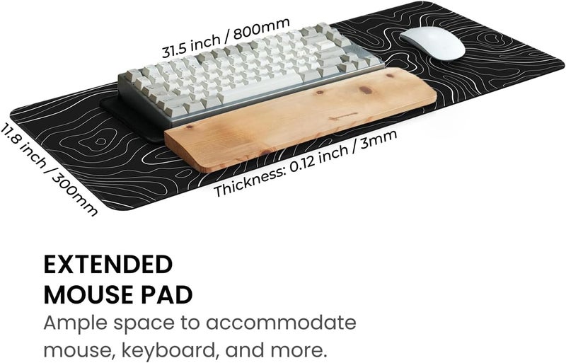 Mayflower Large Gaming Mouse Pad, Full Keyboard Mat, Long Laptop Mousepad, Computer Mouse Mat for Home and Office, Anti-Slip Rubber Base, 31.5 x 11.8 Inches (Black Topographic Map) - Image 3